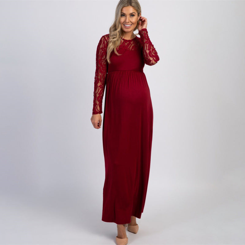 New European and American fashion solid color maternity lace hollow long sleeve dress long dress 