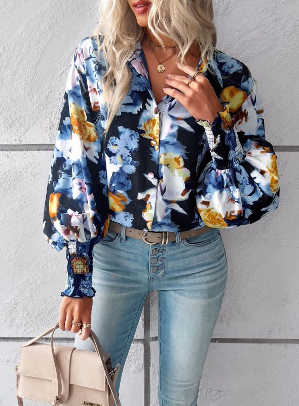 Temperament casual printed lantern sleeve shirt 