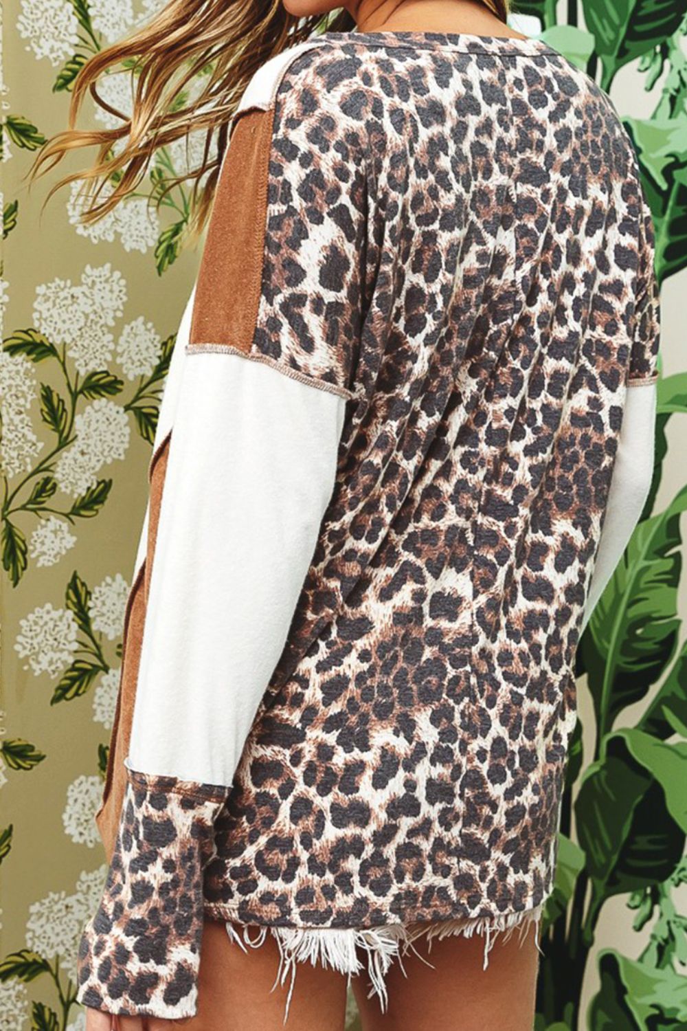 Leopard V-Neck Dropped Shoulder Blouse 