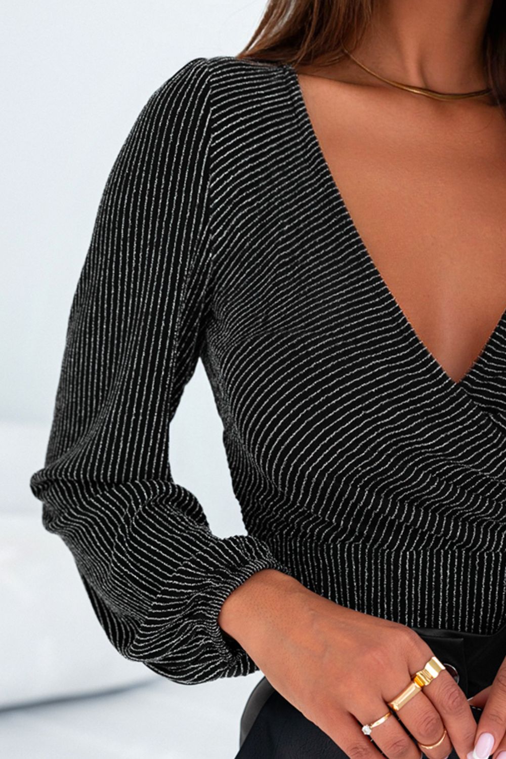 Striped Surplice Long Sleeve Bodysuit 