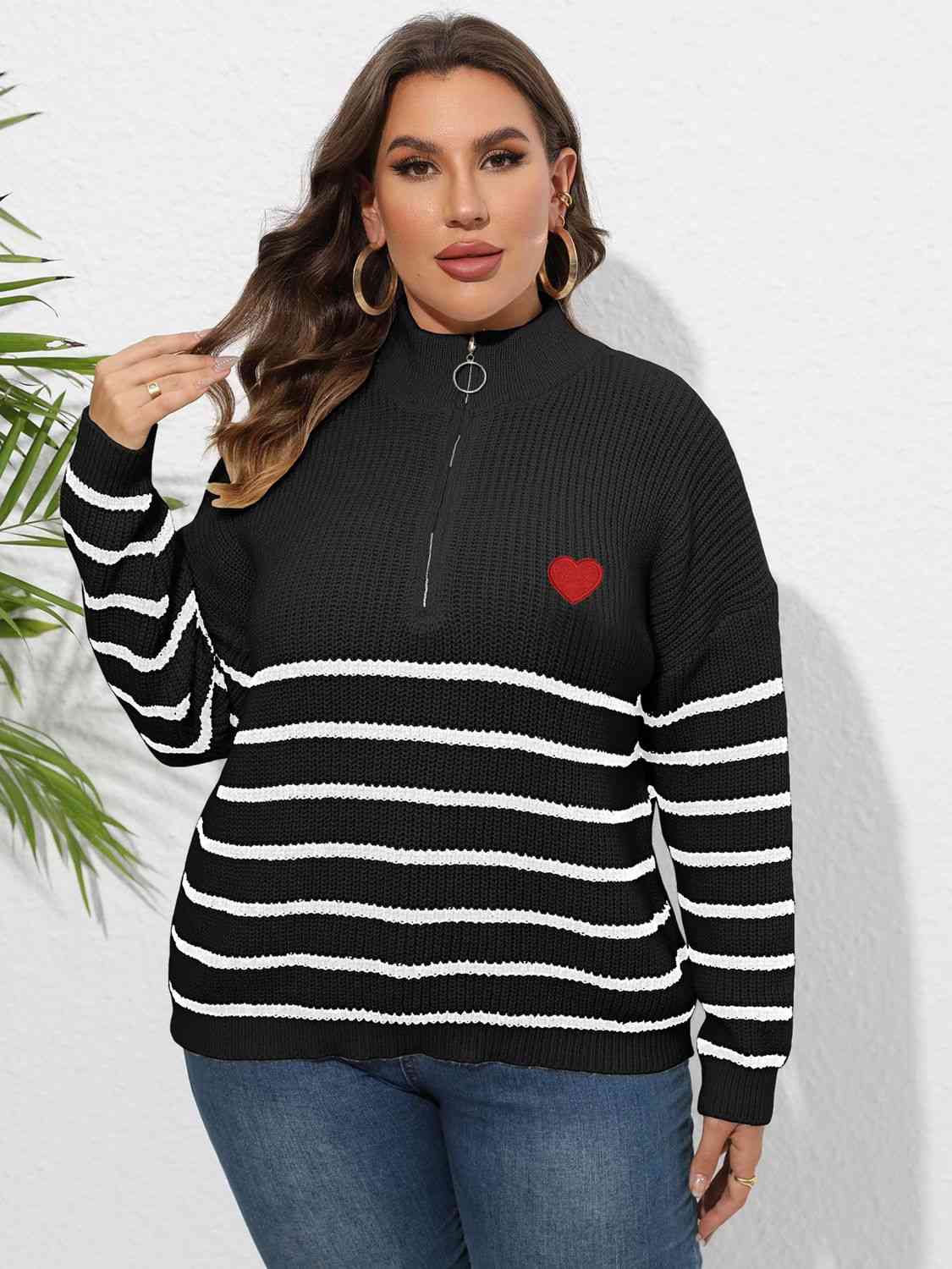 Plus Size Zip-Up Striped Sweater 