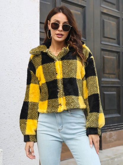 Plaid Dropped Shoulder Buttoned Jacket 