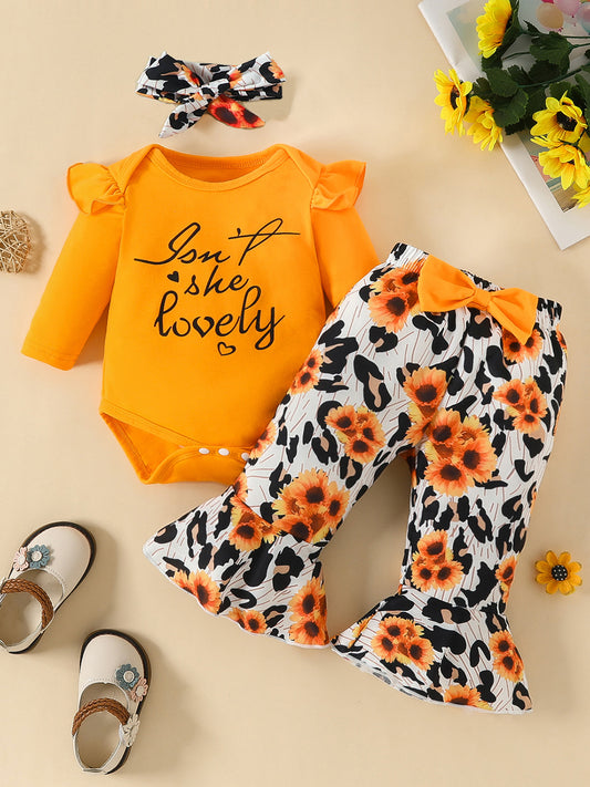 Letter Graphic Long Sleeve Bodysuit and Bow Leopard Pants Set 