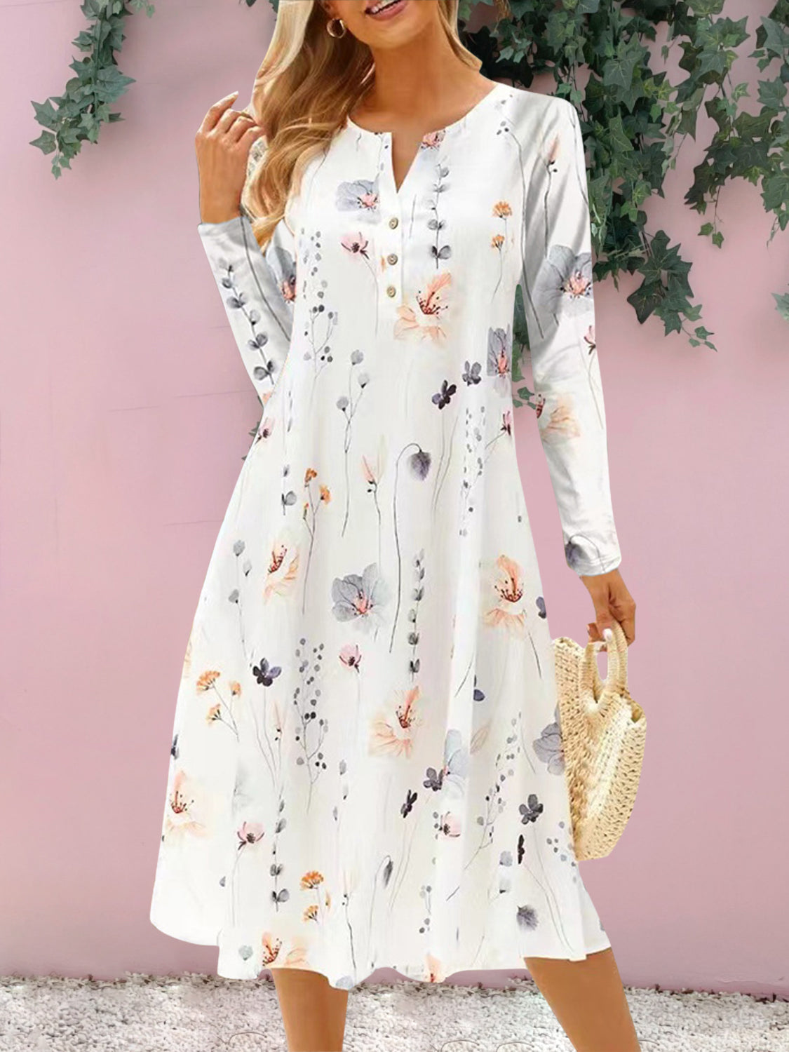 Floral Notched Long Sleeve Midi Dress 