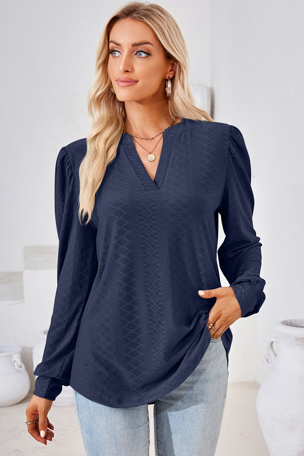 Ruched Notched Long Sleeve T-Shirt 