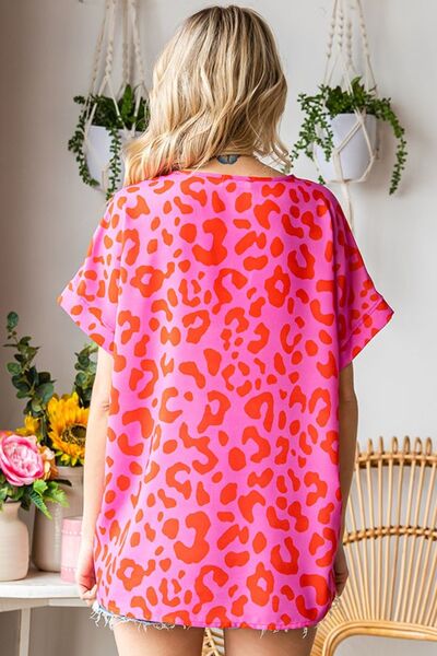 First Love Leopard V-Neck Short Sleeve Woven Top 