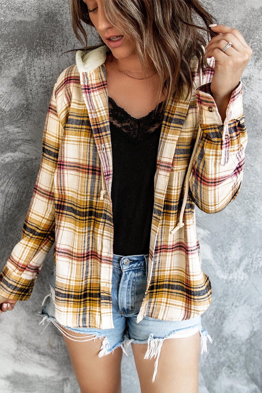 Plaid Button Up Hooded Jacket 