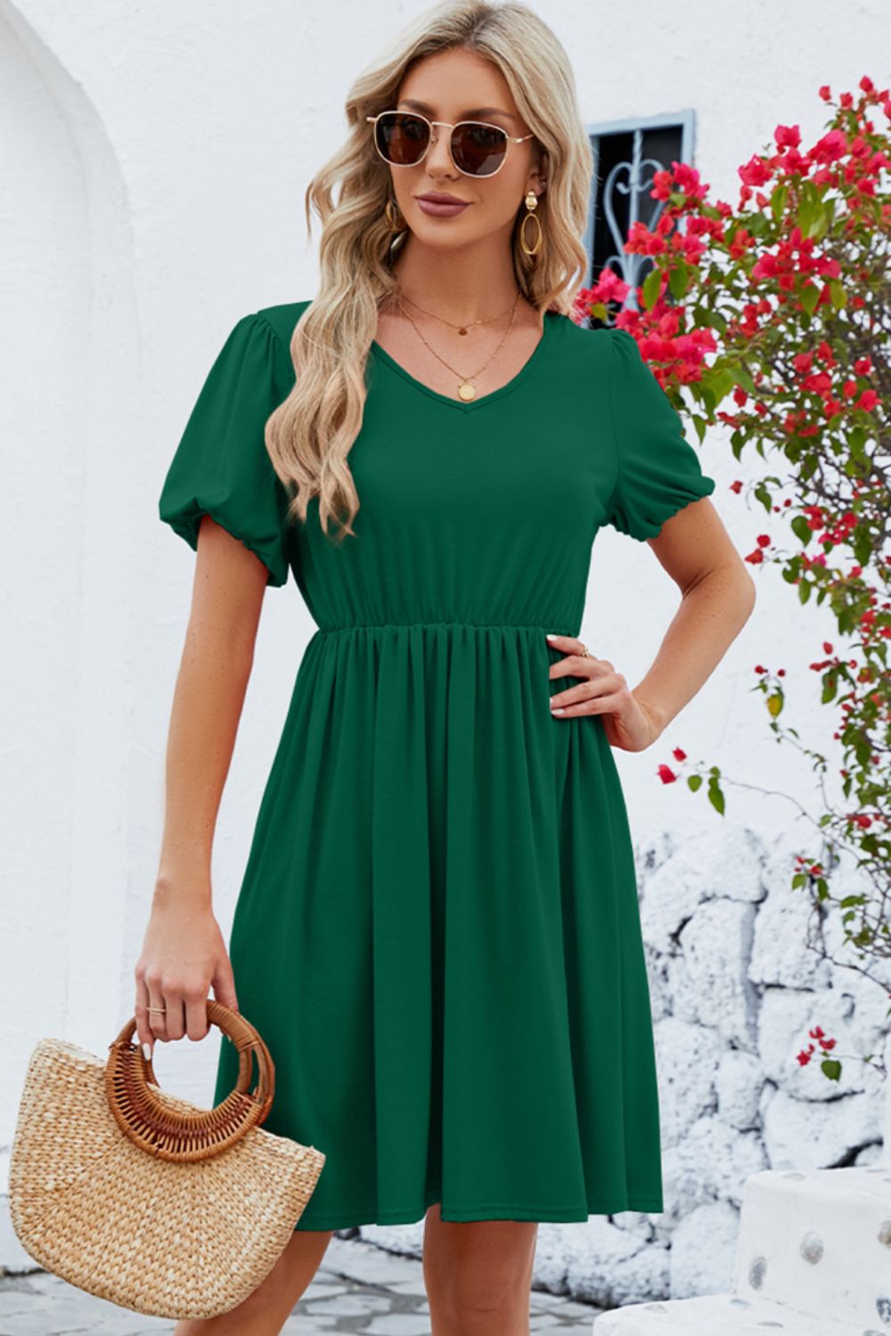 V-Neck Balloon Short Sleeve Dress 