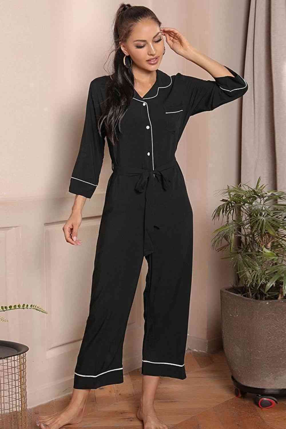 Contrast Belted Lapel Collar Jumpsuit 