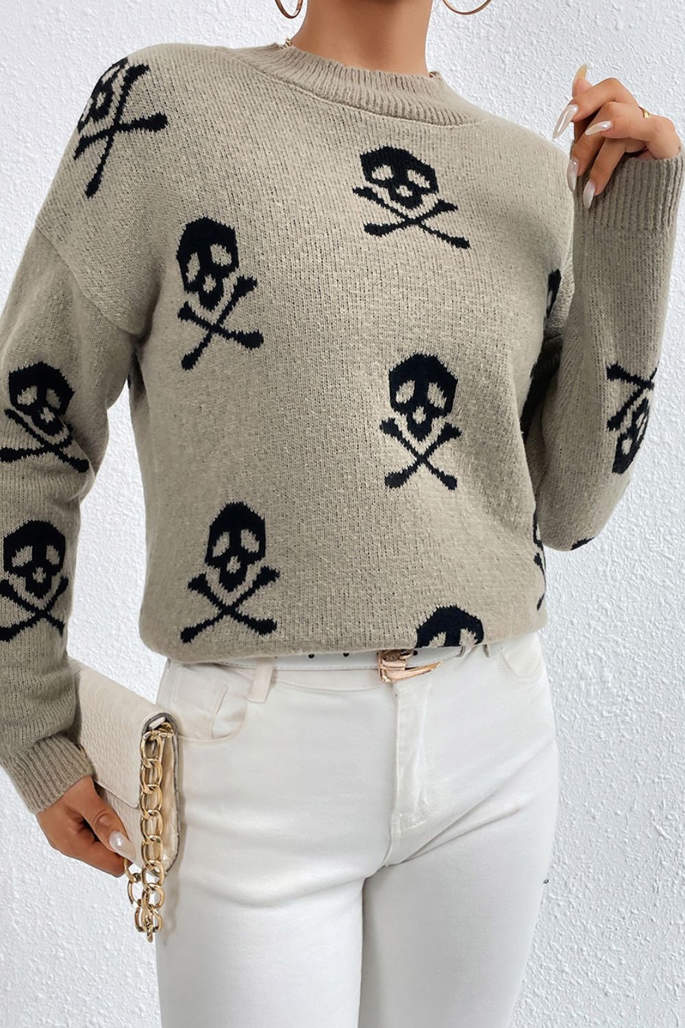 Graphic Mock Neck Dropped Shoulder Sweater