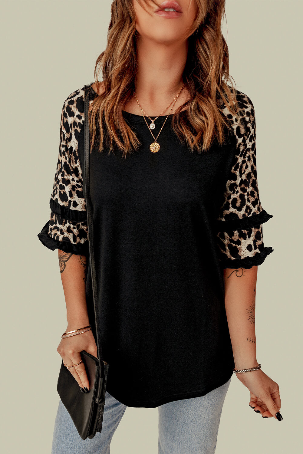 Leopard Contrast Ruffled Top 