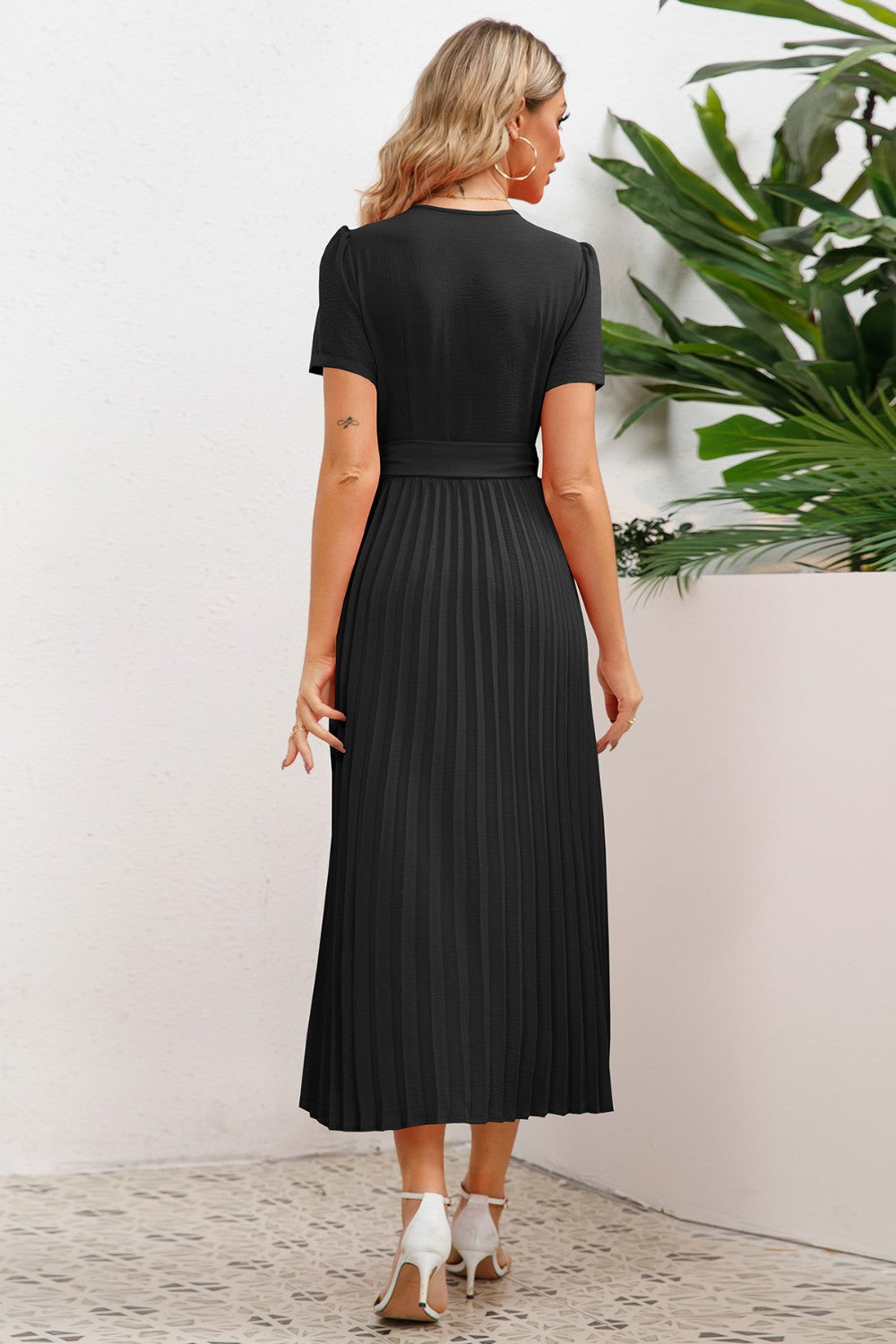 Pleated Surplice Short Sleeve Midi Dress 