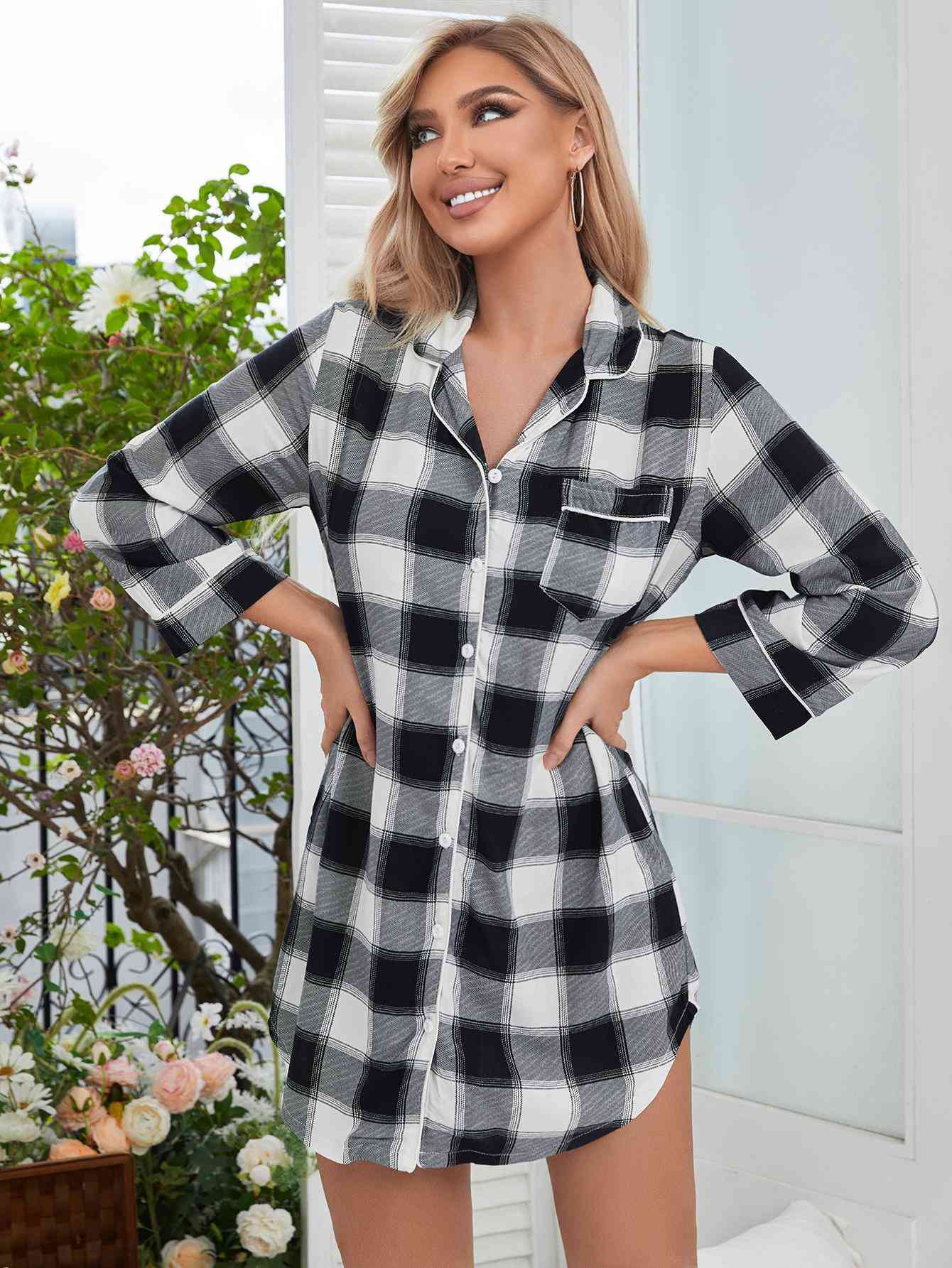 Plaid Lapel Collar Shirt Dress 