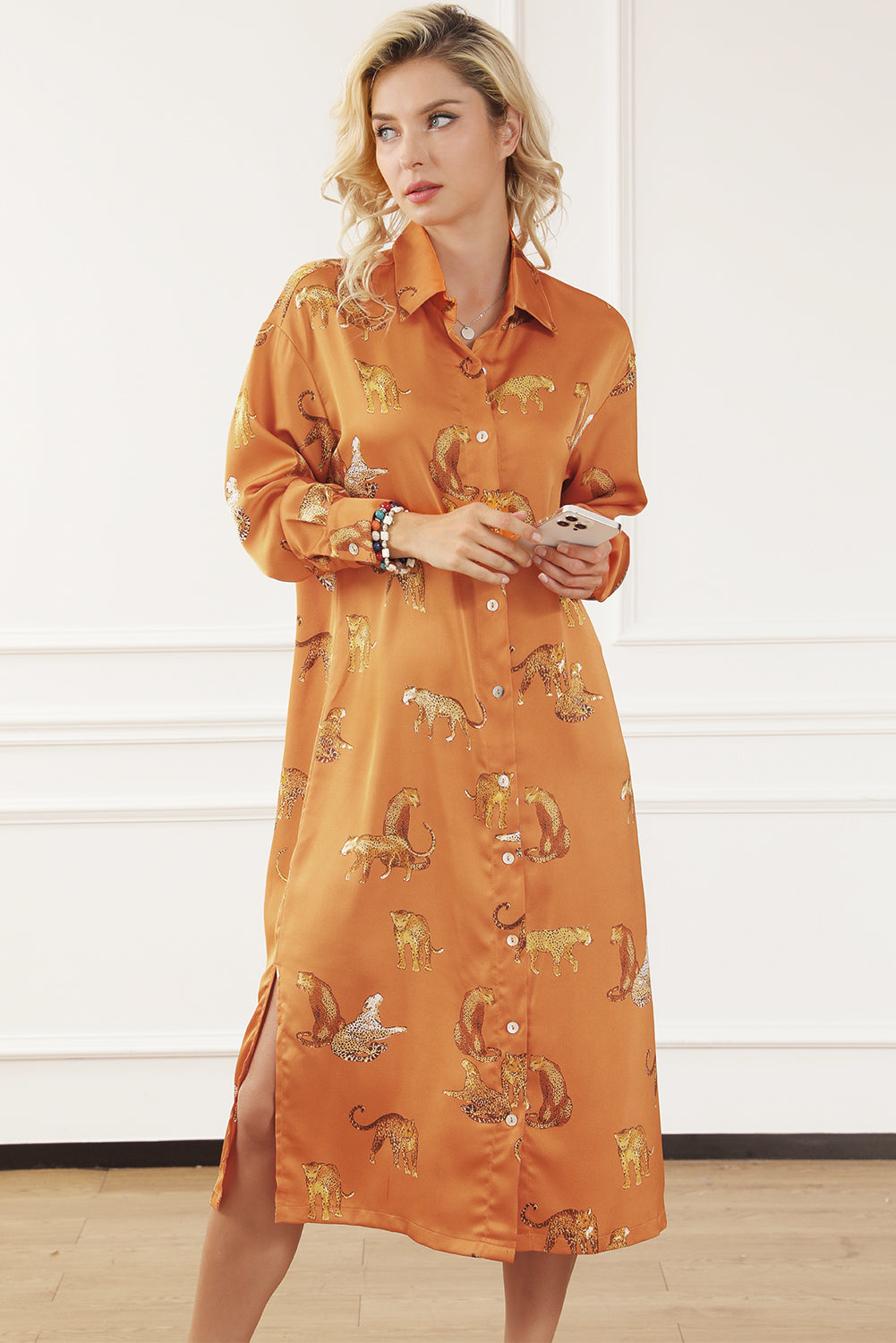 Animal Pattern Long Sleeve Slit Shirt Dress 