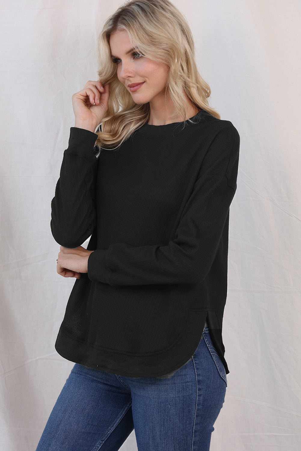 Waffle-Knit Crewneck Drop Shoulder Top