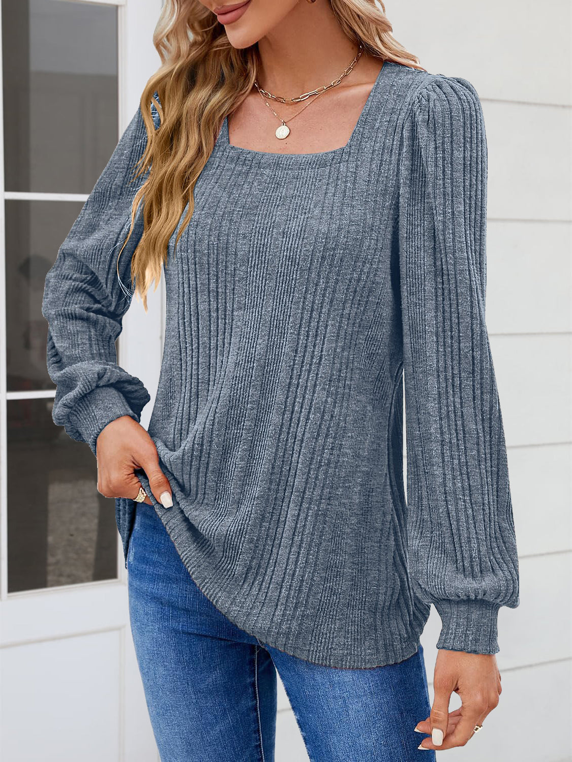 Square Neck Long Sleeve Blouse