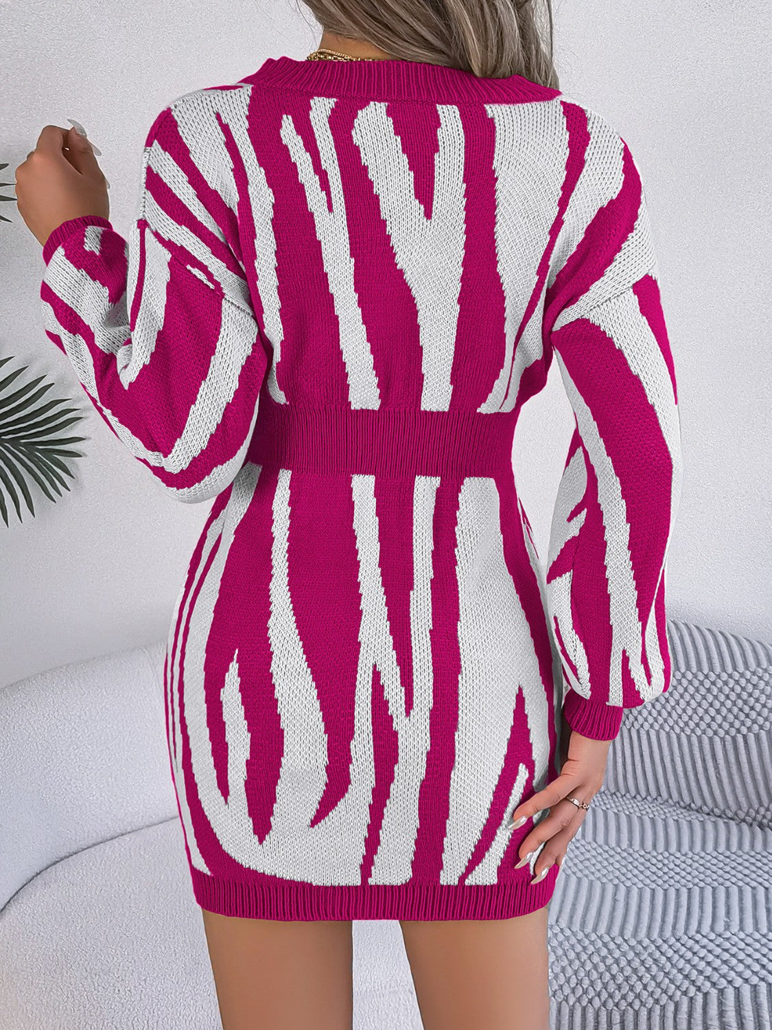 Animal Print V-Neck Long Sleeve Sweater Dress 