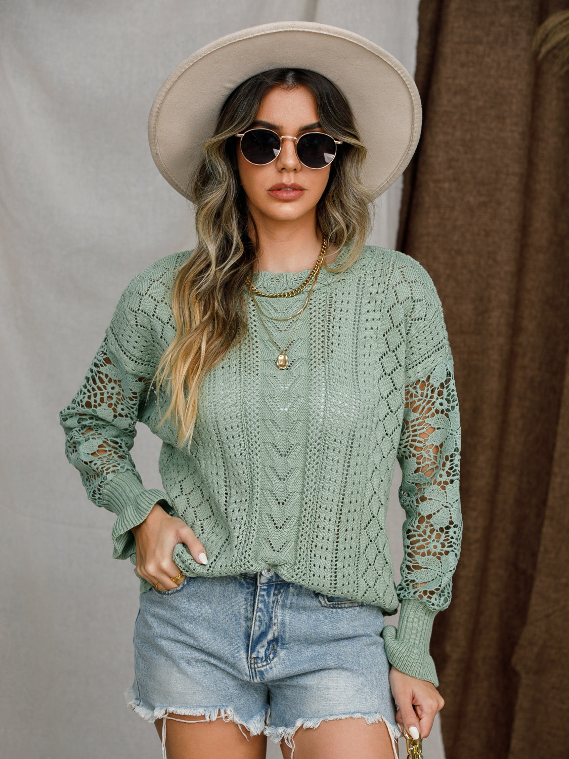 Eyelet Crochet Lantern Sleeve Sweater 