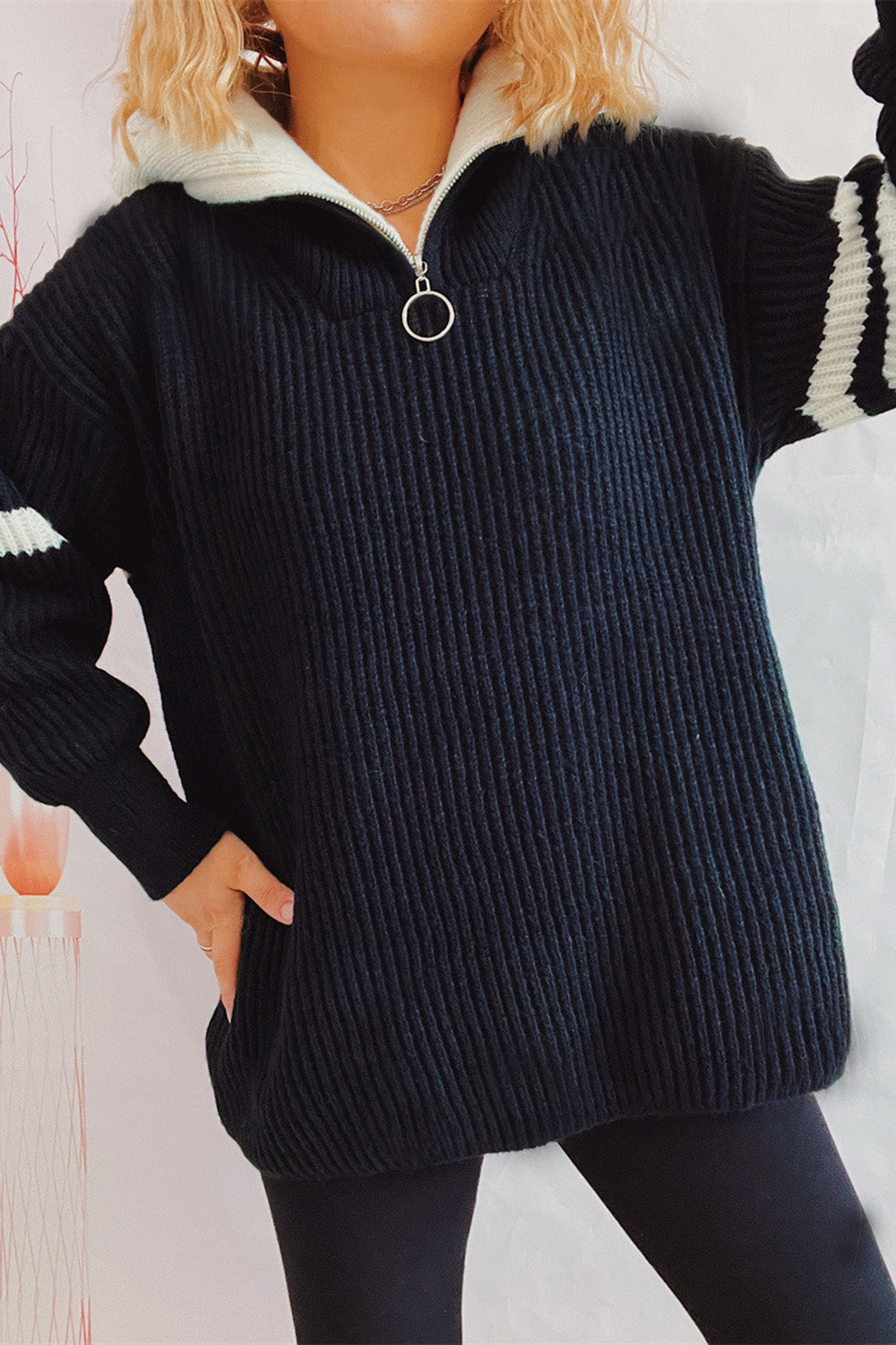 Quarter Zip Striped Dropped Shoulder Sweater 