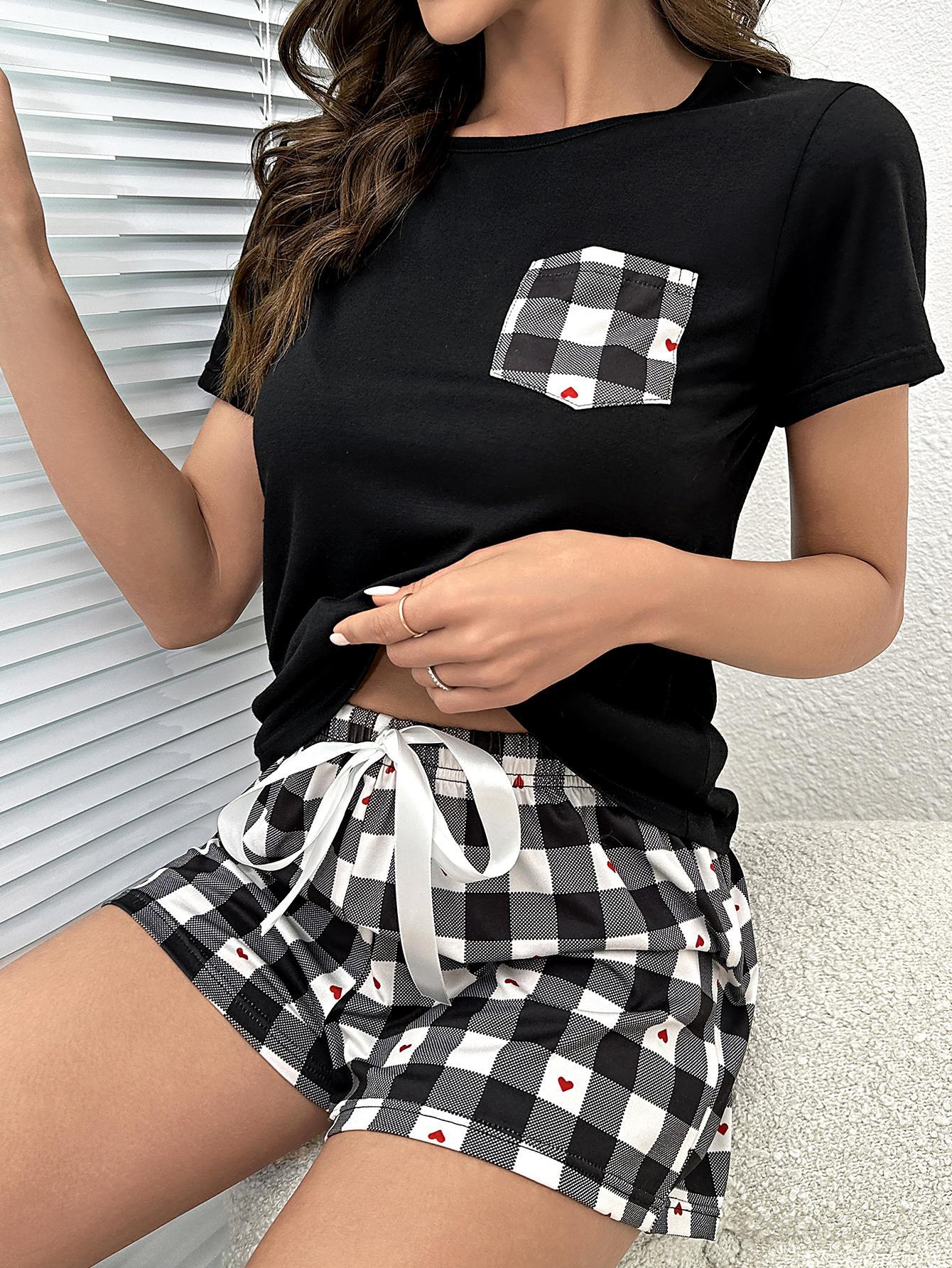 Plaid Heart Top and Shorts Lounge Set 