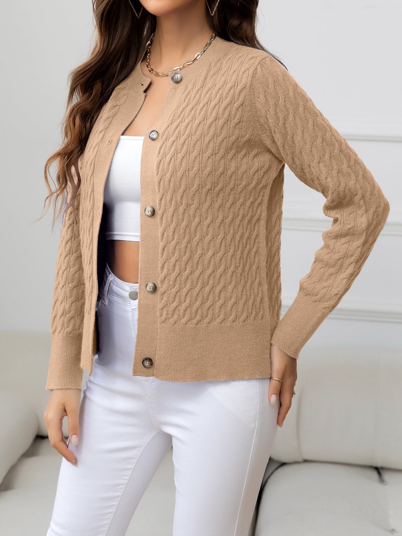 Round Neck Cable-Knit Buttoned Knit Top 