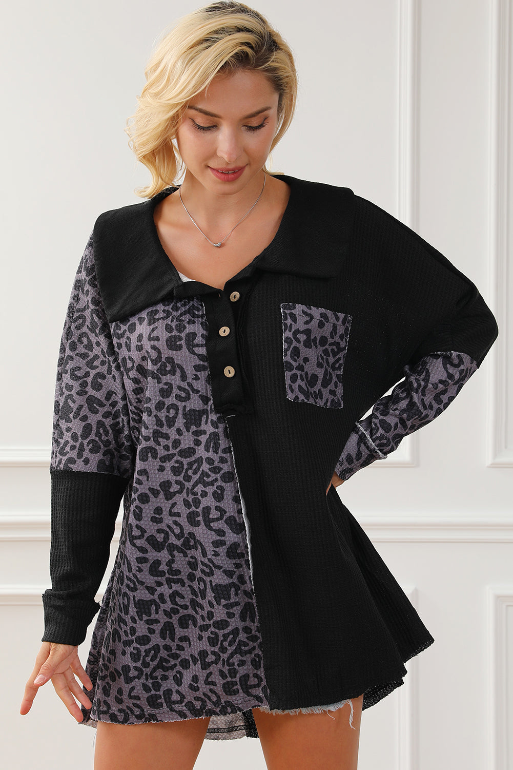 Half Button Leopard Collared Neck Blouse 