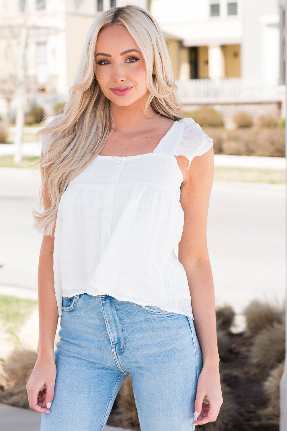 Ruffled Square Neck Wide Strap Tank 