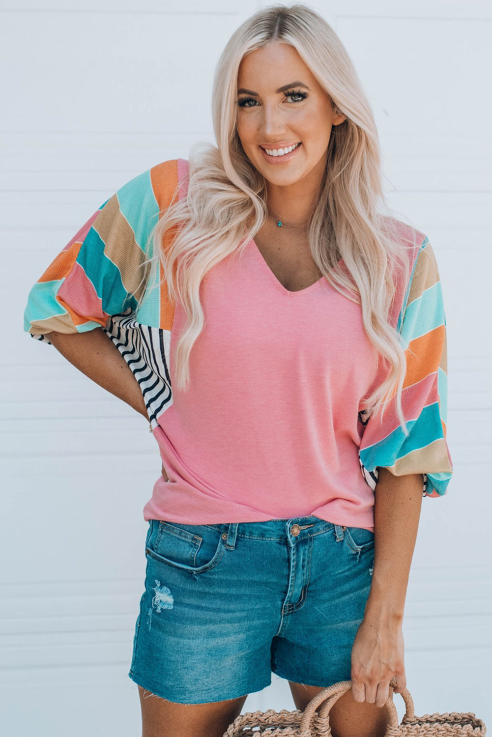 Striped Dolman Sleeve V-Neck Top - Babbazon Tops