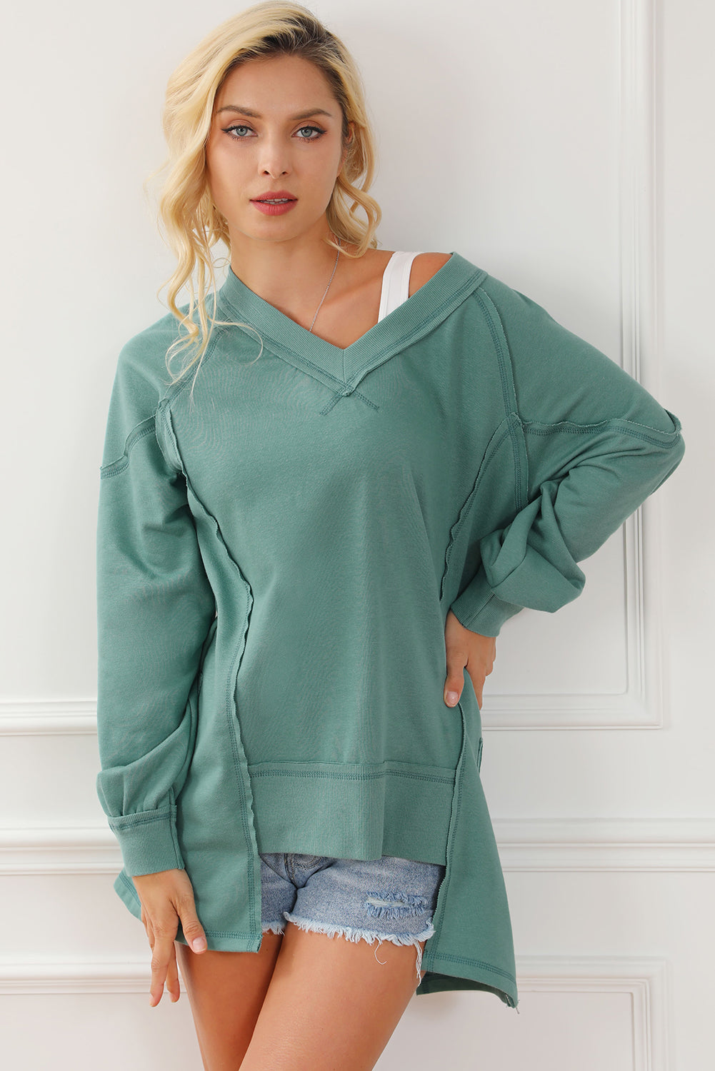 Exposed Seam V-Neck Zip Detail Sweatshirt 