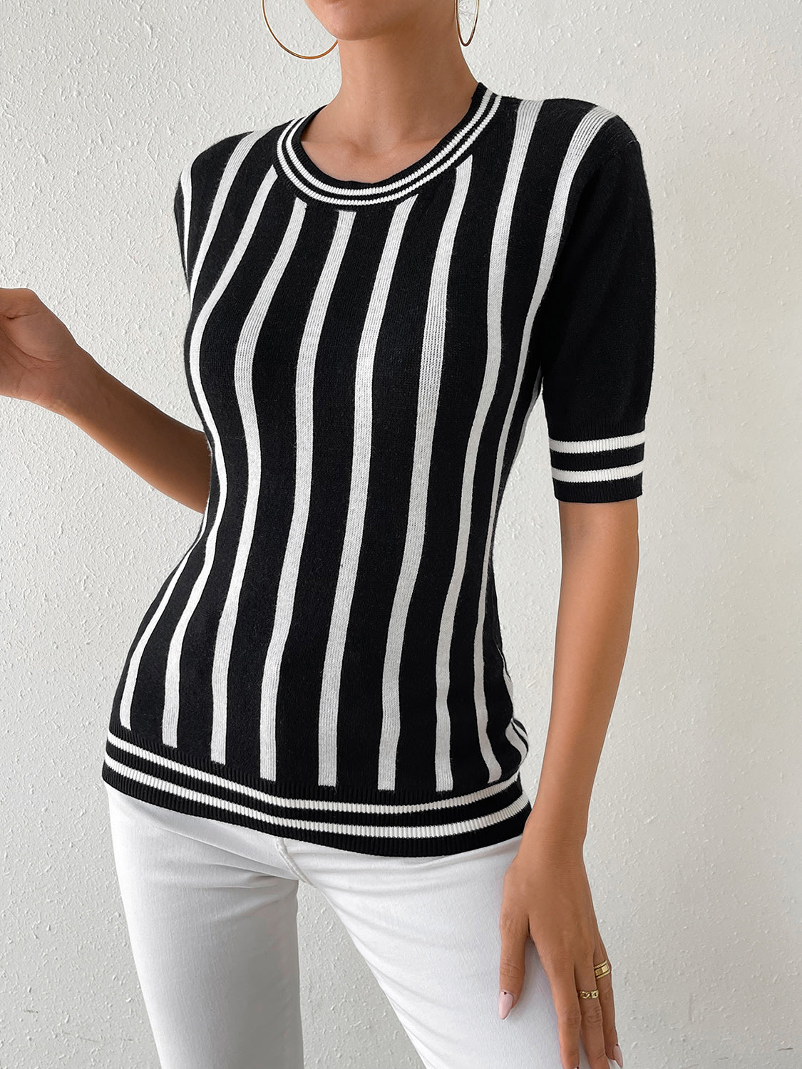 Striped Round Neck Half Sleeve Knit Top 