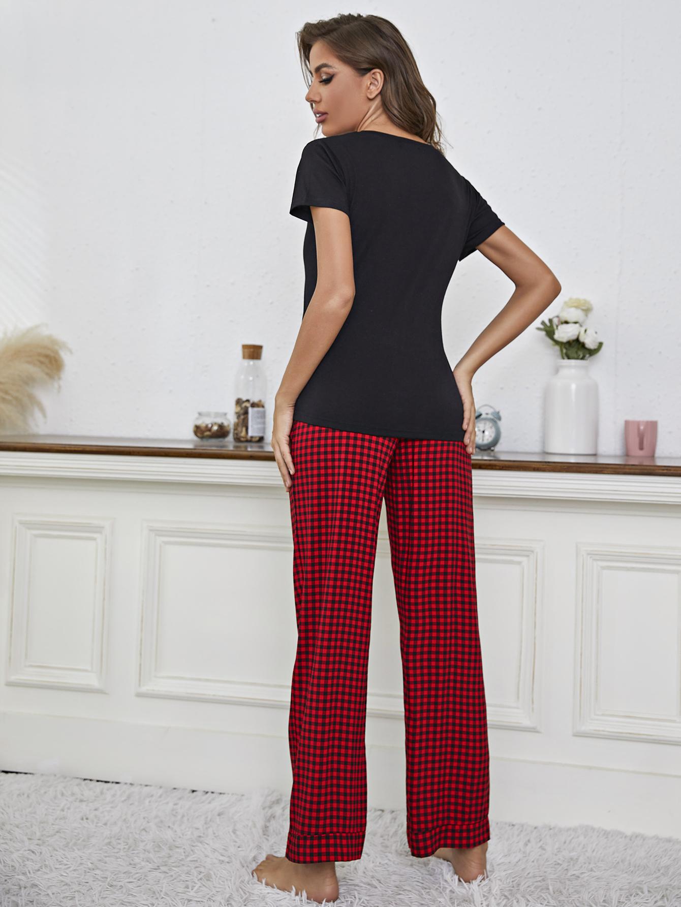 V-Neck Top and Gingham Pants Lounge Set 