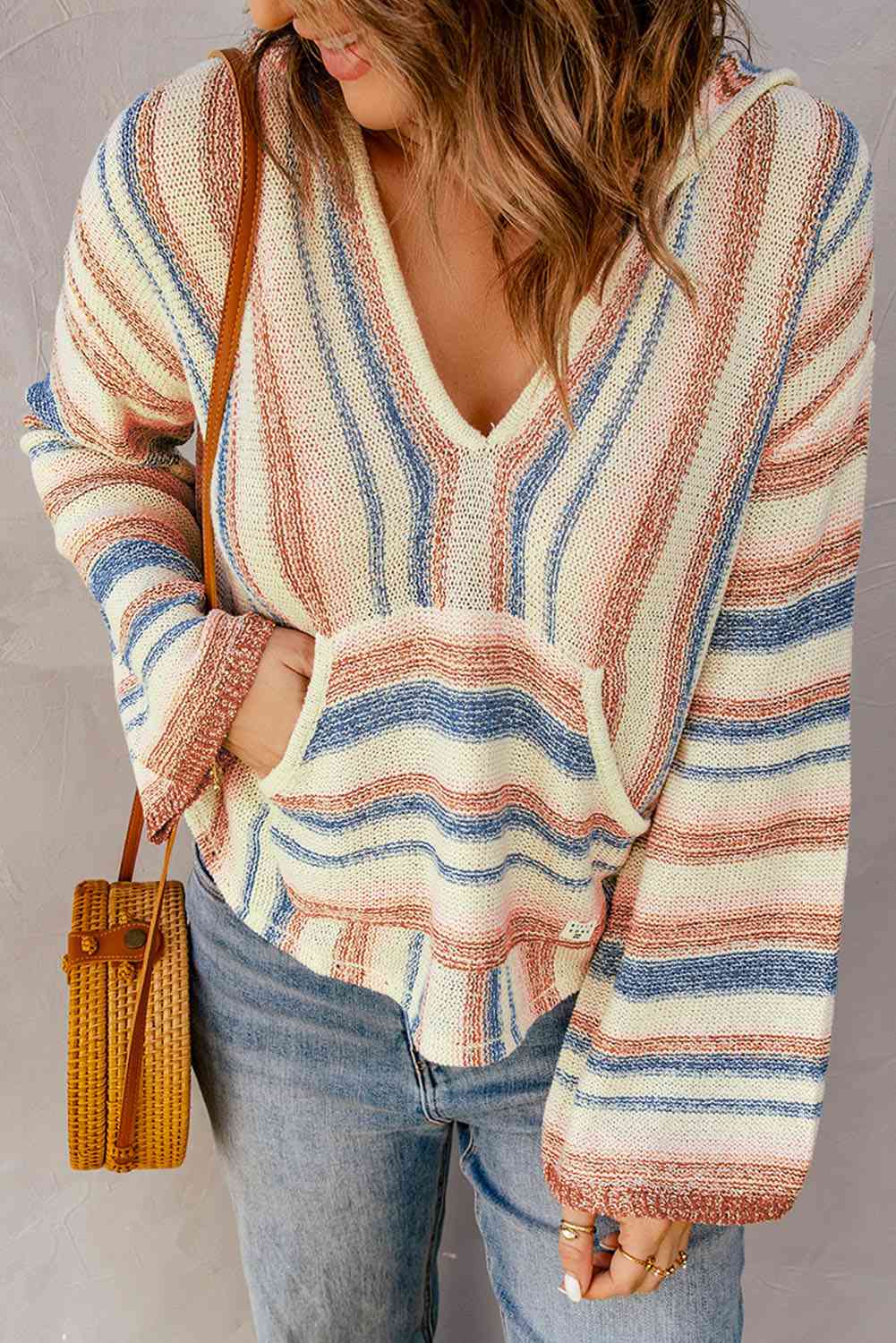 Striped Hooded Sweater with Kangaroo Pocket 