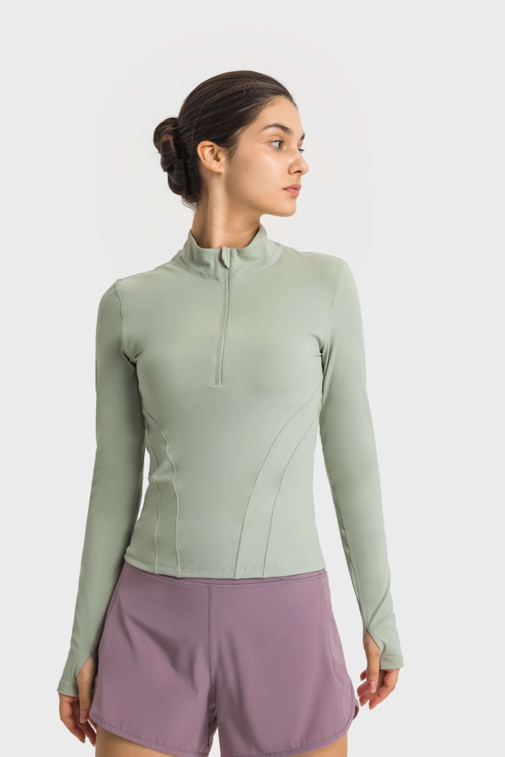 Half Zip Thumbhole Sleeve Sports Top - Babbazon Tops