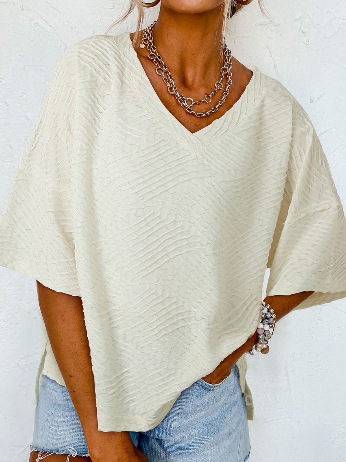 Textured V-Neck Dropped Shoulder T-Shirt - Babbazon Tops