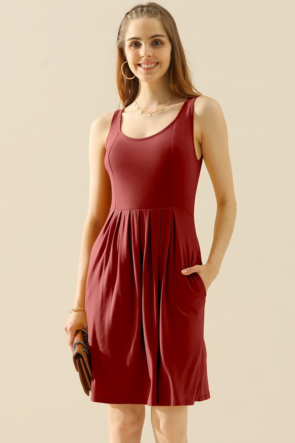 Doublju Full Size Round Neck Ruched Sleeveless Dress with Pockets 