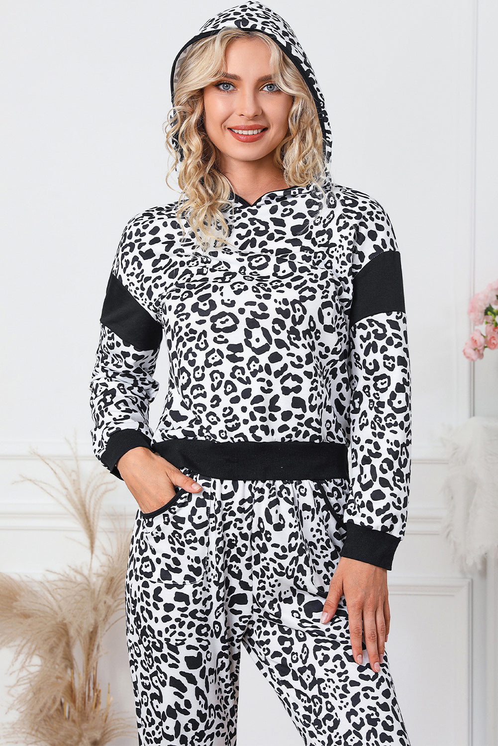 Leopard Contrast Hoodie and Pants Set 