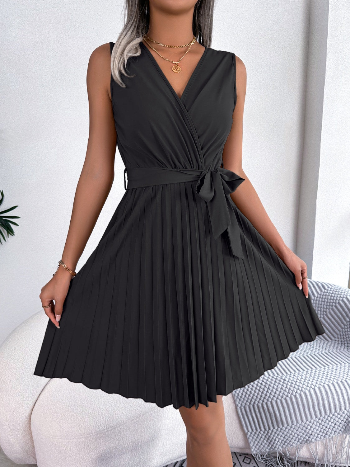 Tied Surplice Sleeveless Pleated Dress 