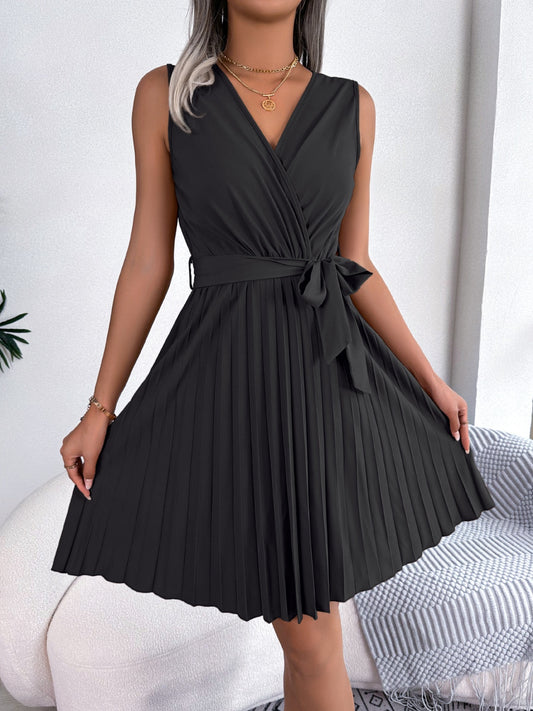 Tied Surplice Sleeveless Pleated Dress 