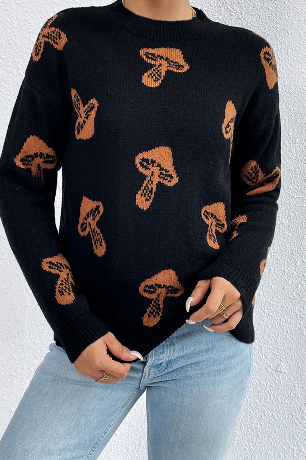 Graphic Mock Neck Dropped Shoulder Sweater 