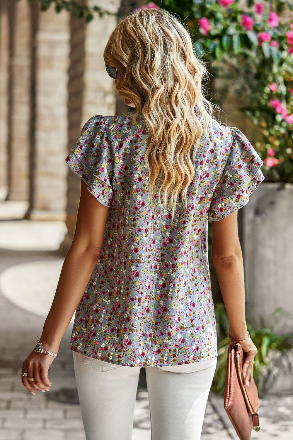 Floral Round Neck Flutter Sleeve Blouse 