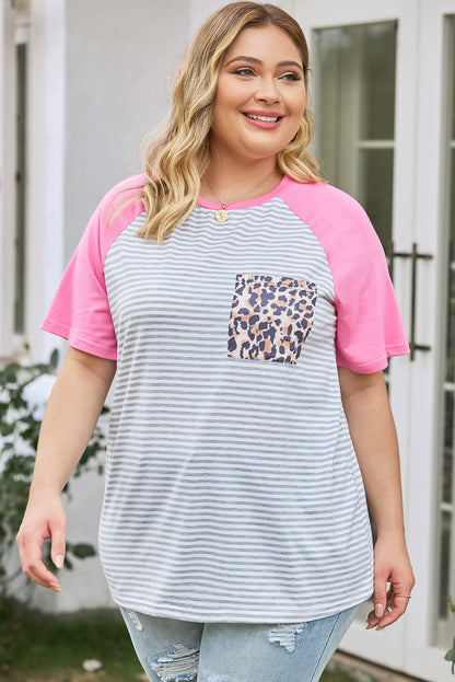 Plus Size Striped Leopard Round Neck T-Shirt 