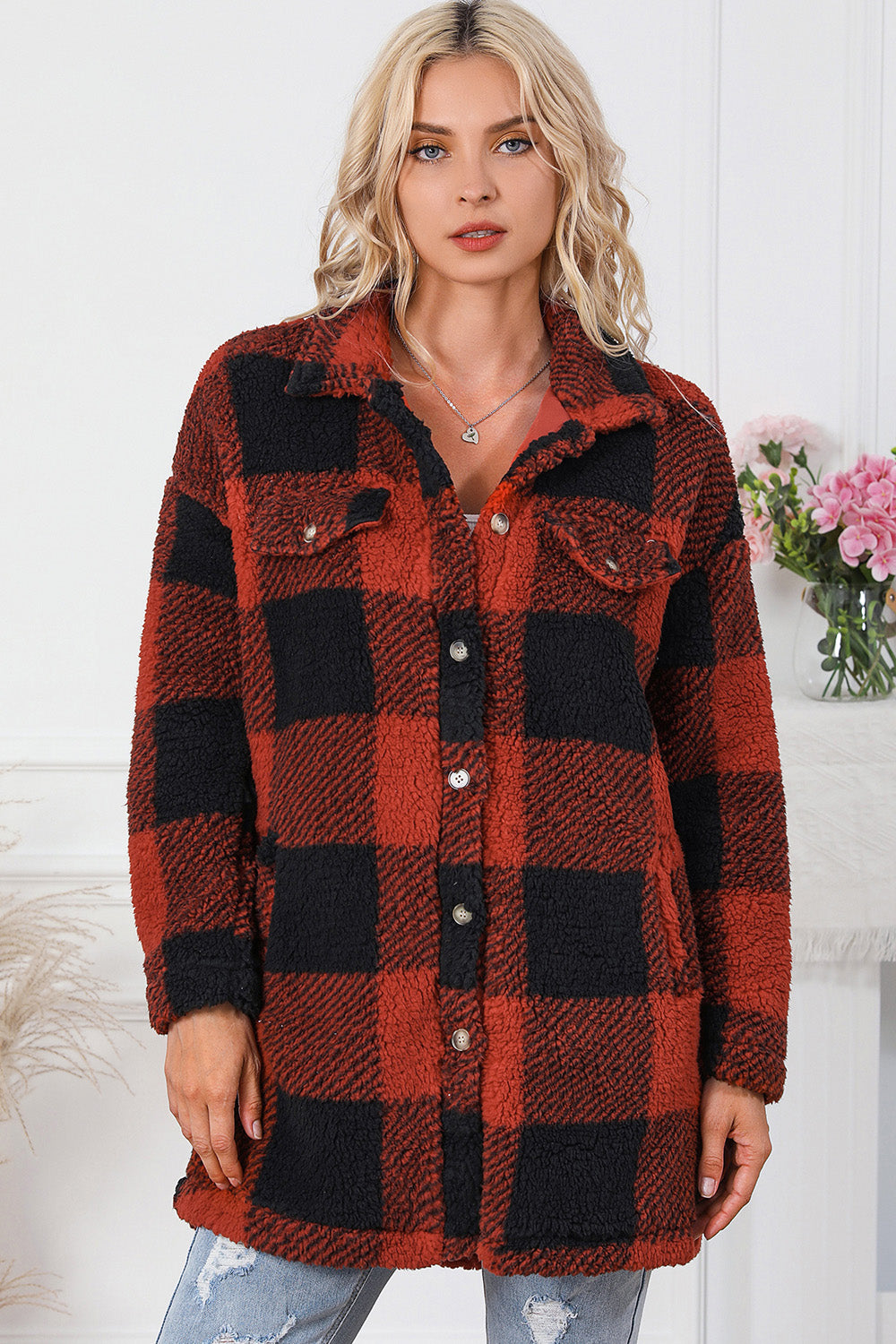 Plaid Button Down Coat with Pockets 