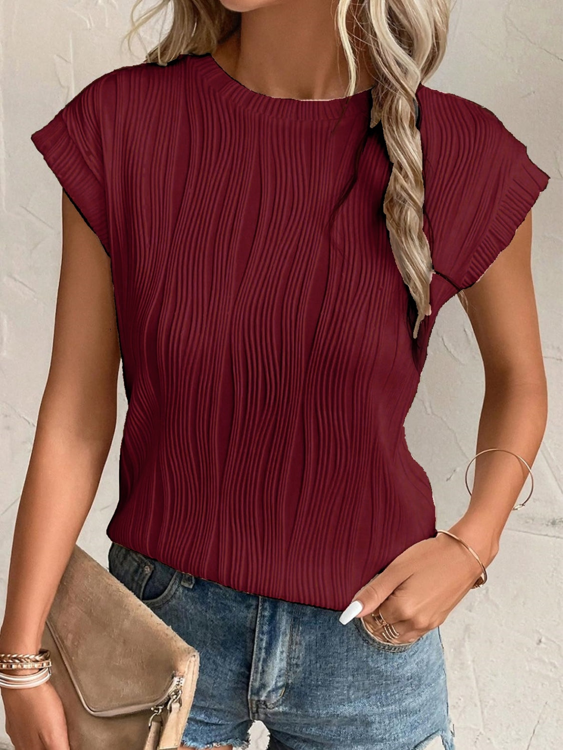 Textured Round Neck Cap Sleeve T-Shirt - Babbazon Tops