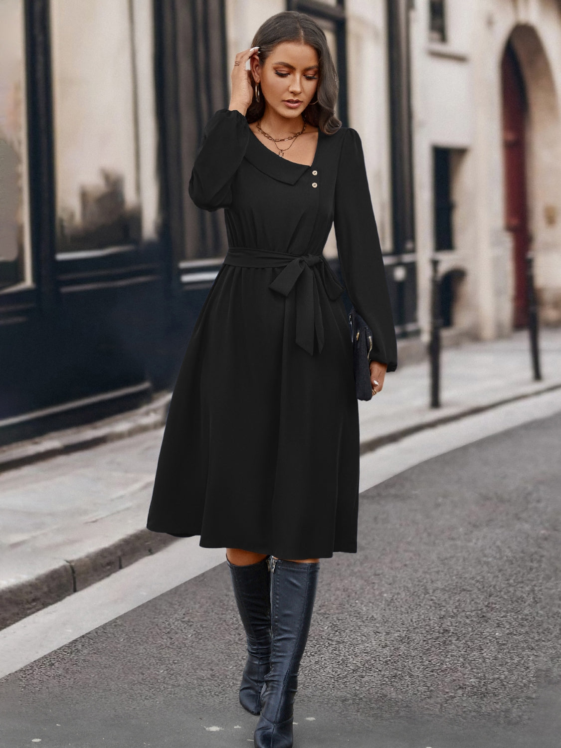 Buttoned Tie Front Long Sleeve Asymmetrical Neck Dress 