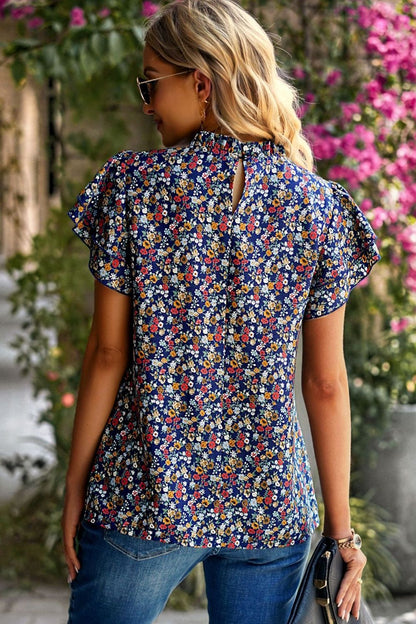 Floral Round Neck Flutter Sleeve Blouse 