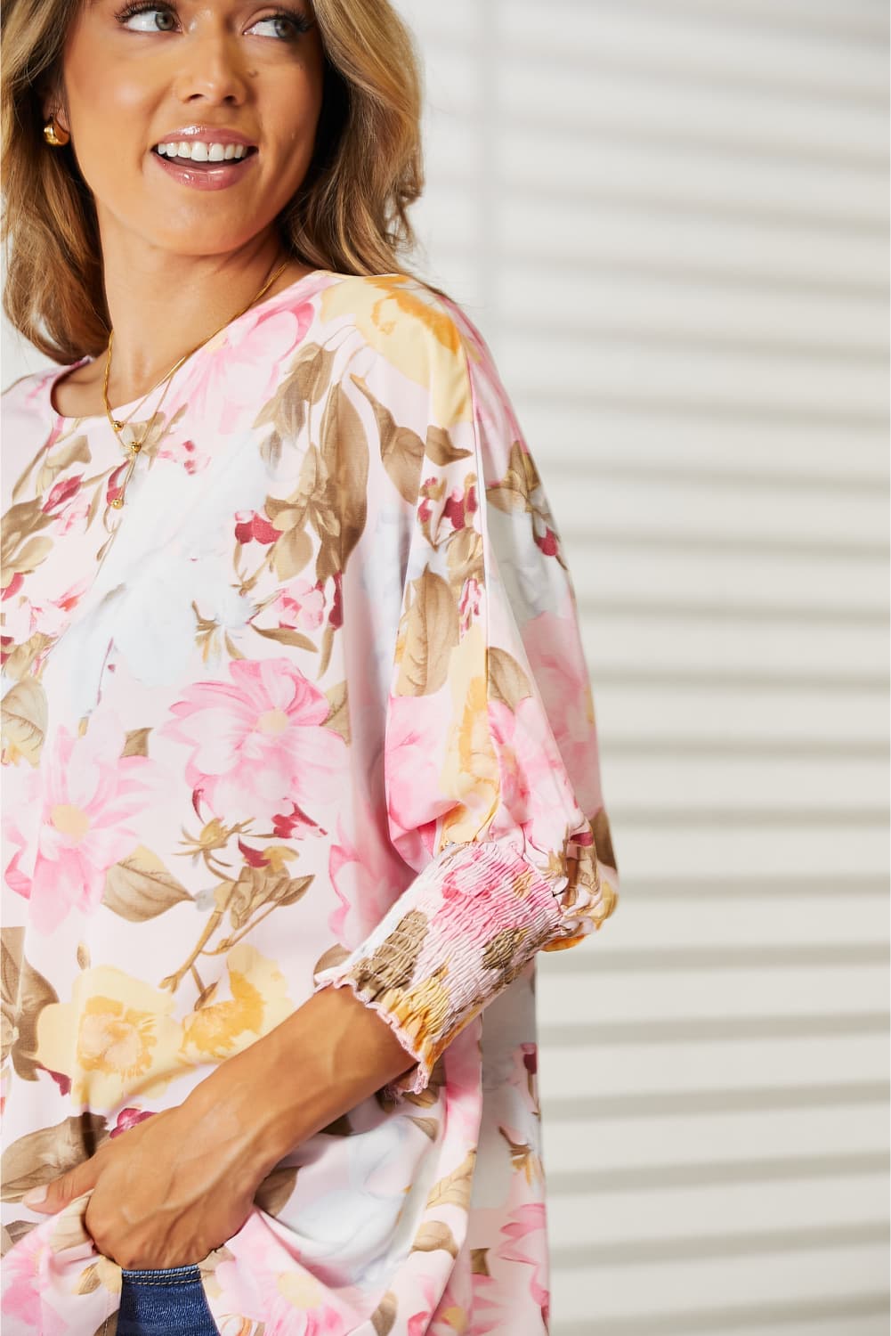 Double Take Floral Round Neck Three-Quarter Sleeve Top 