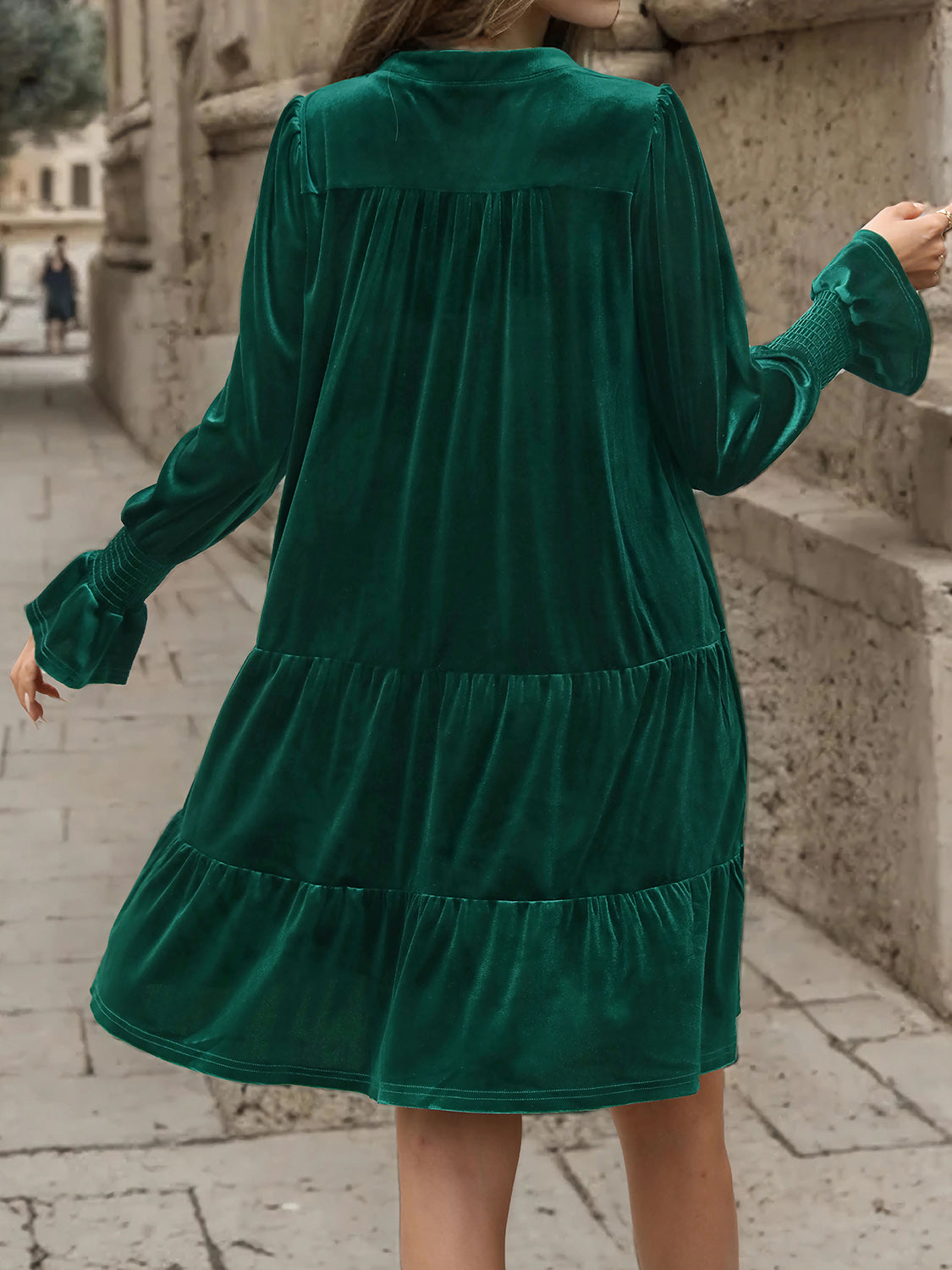 Notched Long Sleeve Tiered Dress 