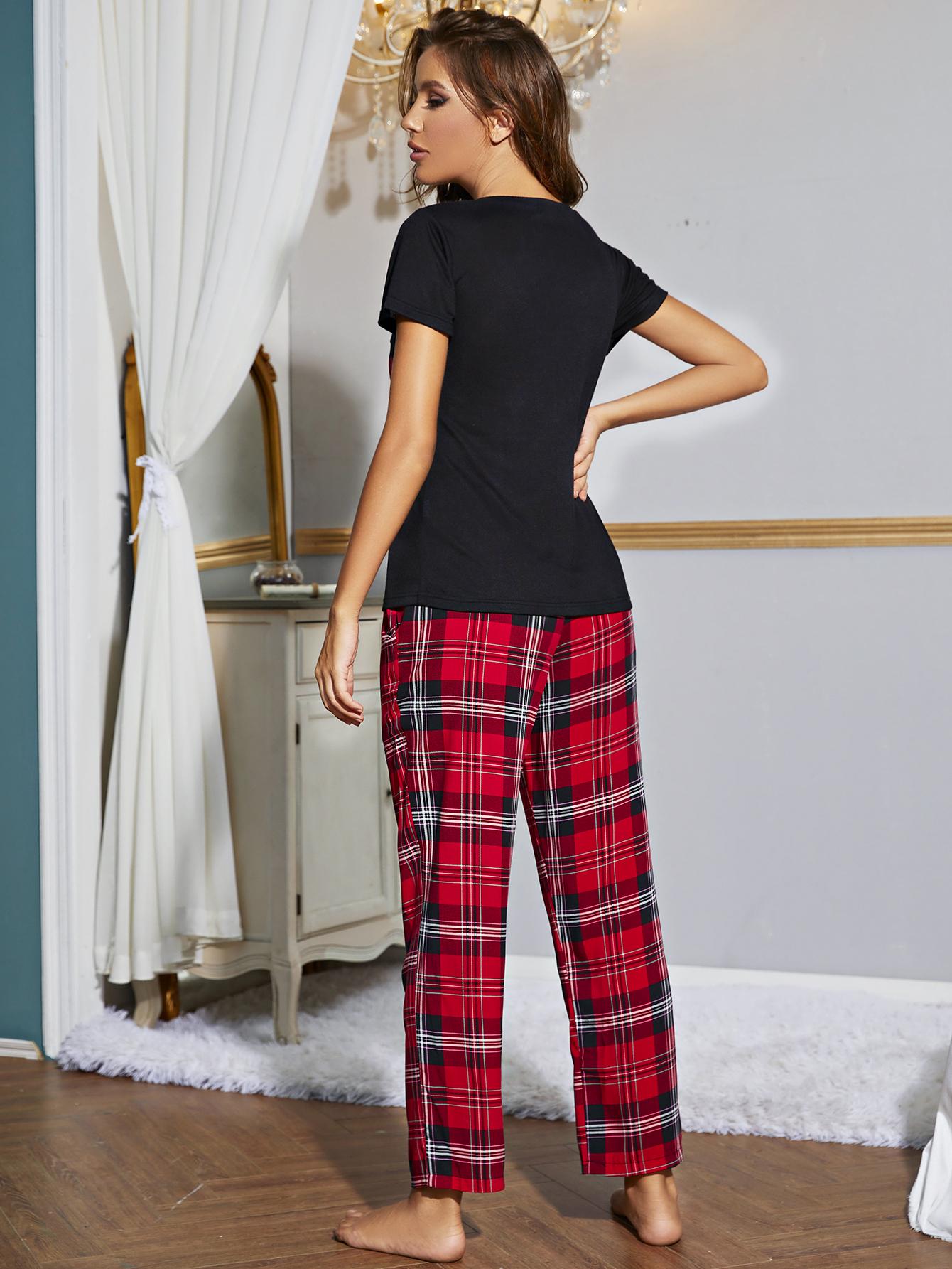 Heart Graphic V-Neck Top and Plaid Pants Lounge Set 