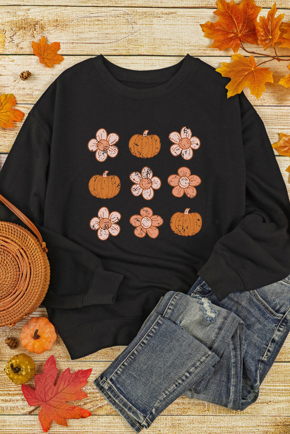 Simply Love Round Neck Long Sleeve Pumpkin & Flower Graphic Sweatshirt 