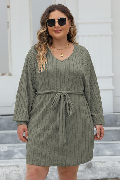 Plus Size Ribbed Tie Front Long Sleeve Sweater Dress 